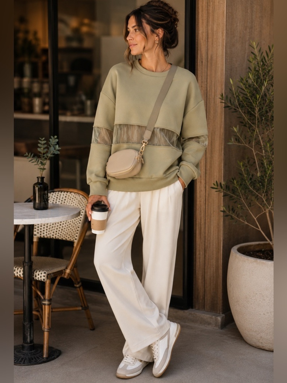 Anthropologie Sage Green Mesh Panel Scuba Pullover Sweatshirt Sz Large Petite